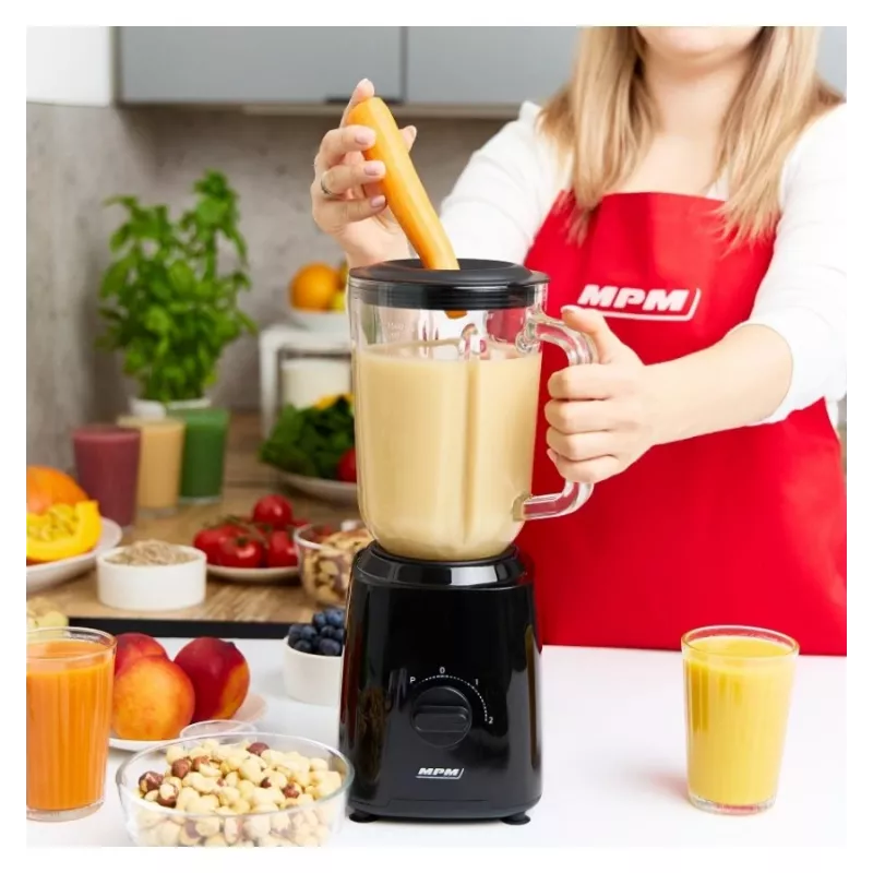 MPM MBL-37 Blender, 500 W, 1.5 L stiklinis indas, nerūdijančio plieno peilis, 2 greičiai, impulsinė funkcija, ledo smulkinimas, juoda