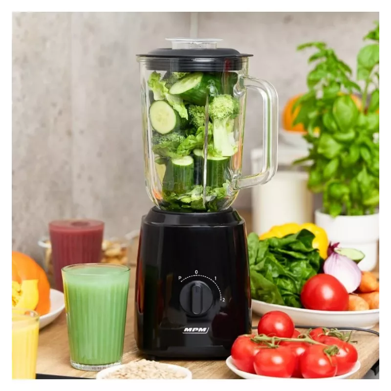 MPM MBL-37 Blender, 500 W, 1.5 L stiklinis indas, nerūdijančio plieno peilis, 2 greičiai, impulsinė funkcija, ledo smulkinimas, juoda