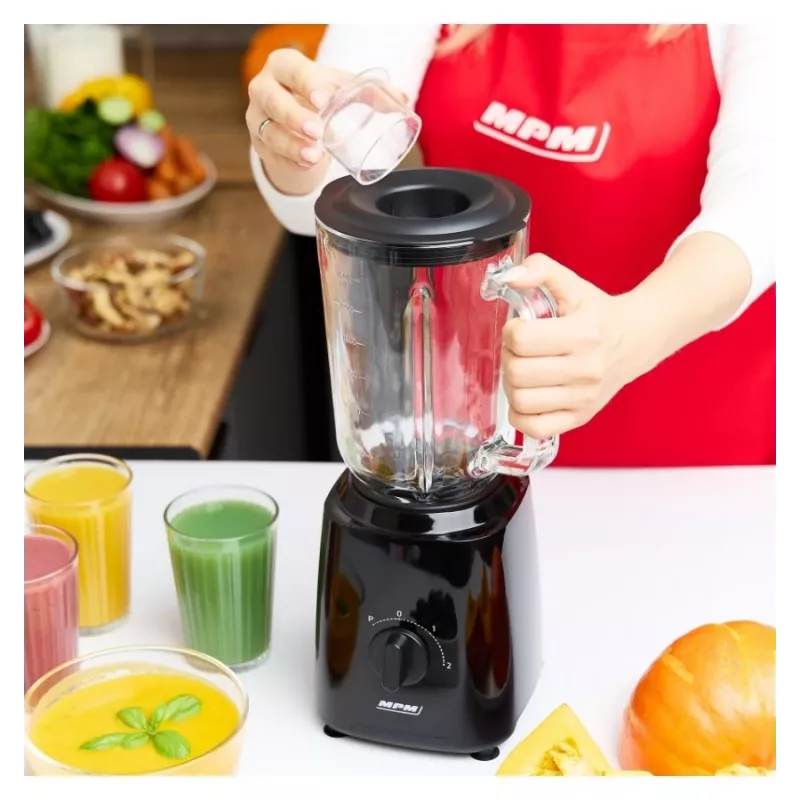 MPM MBL-37 Blender, 500 W, 1.5 L stiklinis indas, nerūdijančio plieno peilis, 2 greičiai, impulsinė funkcija, ledo smulkinimas, juoda