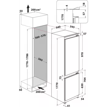 Whirlpool WHC18D071A1 Įmontuojamas Šaldytuvas-Šaldiklis su 6th Sense Technology, 250 L Bendras Tūris, Energijos Klasė D, Baltas