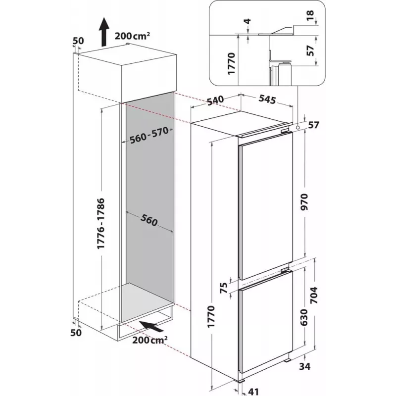 Whirlpool WHC18D071A1 Įmontuojamas Šaldytuvas-Šaldiklis su 6th Sense Technology, 250 L Bendras Tūris, Energijos Klasė D, Baltas