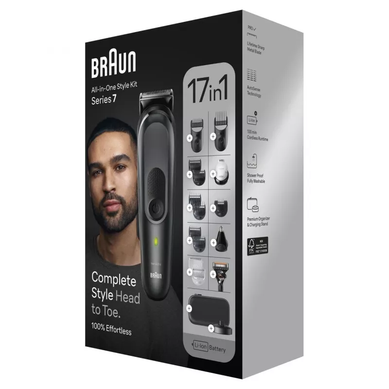 Braun MGK7491 17-in-1 Multi-Grooming Style Kit, juodas/sidabrinis, belaidis, Li-Ion, 100 min veikimo laikas
