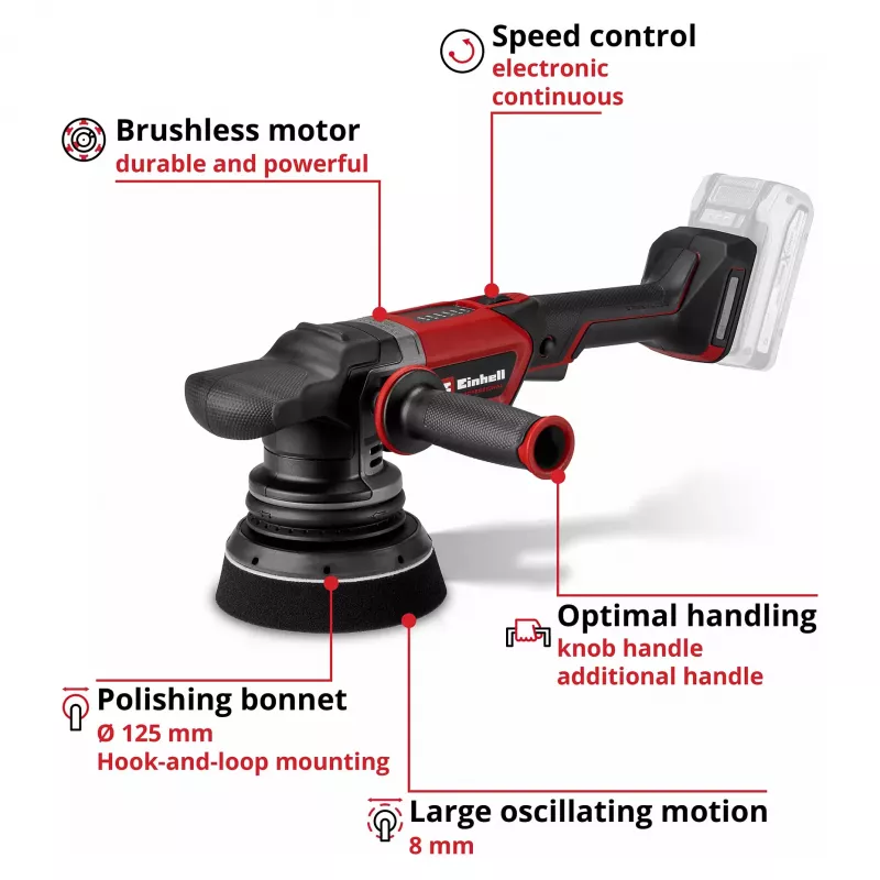 EINHELL Professional belaidis ekscentrinis poliruoklis CP-EP 18/125 Li BL-Solo, 18V, 125mm, raudonas/juodas, be akumuliatoriaus ir įkroviklio