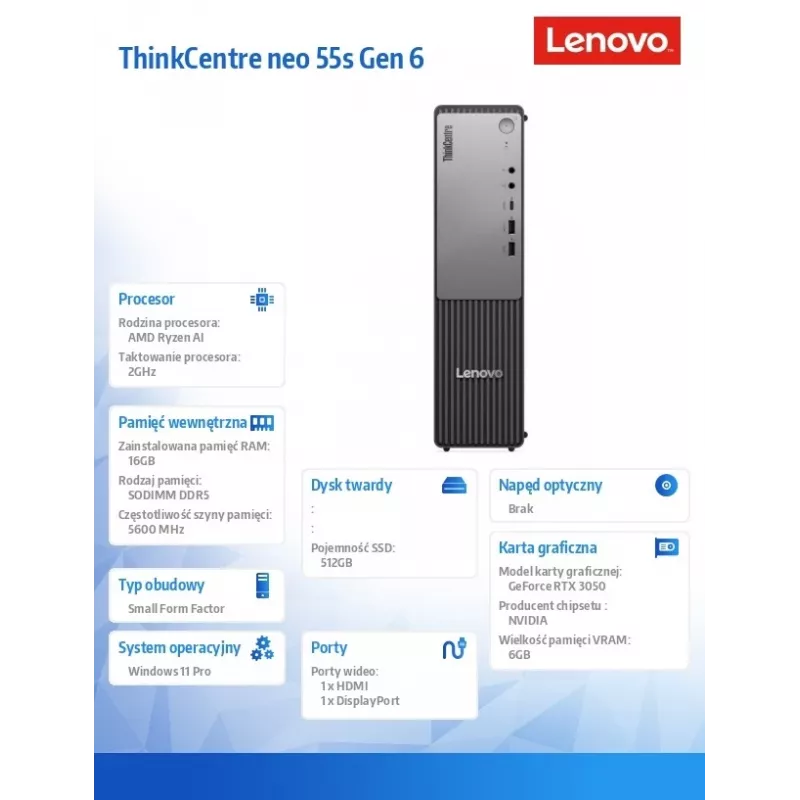 Kompiuteris stalinis Lenovo ThinkCentre Neo 55s Gen 6 SFF, AMD Ryzen AI 5 330, 16GB DDR5, 512GB SSD, NVIDIA GeForce RTX 3050 6GB, Windows 11 Pro, Raven Black