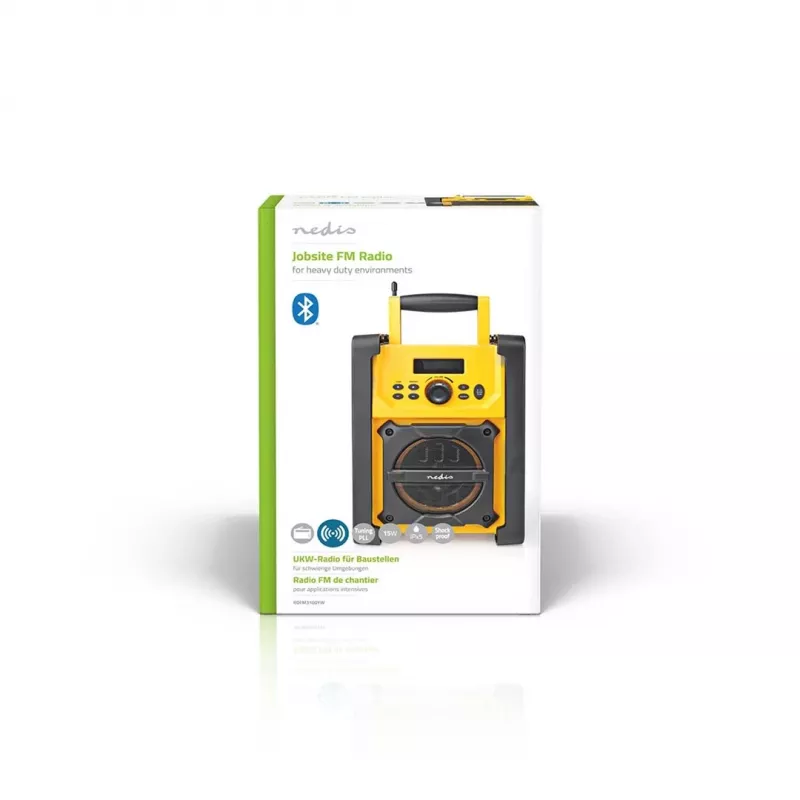 Nedis FM Radio RDFM3100YW – nešiojamas FM radijas su Bluetooth, AUX, IPX5, geltona