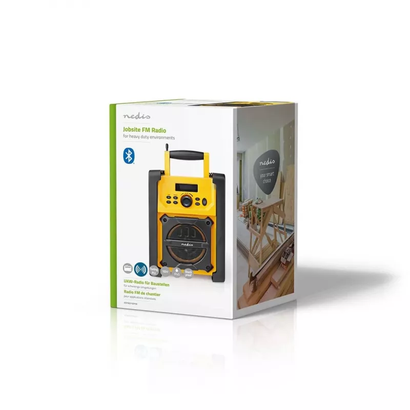 Nedis FM Radio RDFM3100YW – nešiojamas FM radijas su Bluetooth, AUX, IPX5, geltona