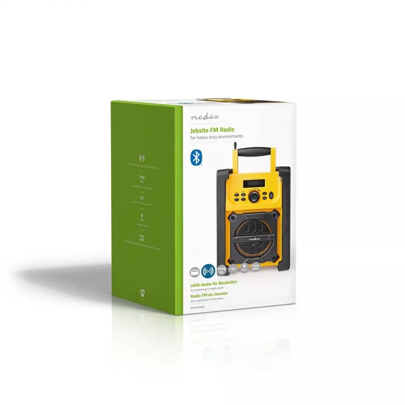 Nedis FM Radio RDFM3100YW – nešiojamas FM radijas su Bluetooth, AUX, IPX5, geltona