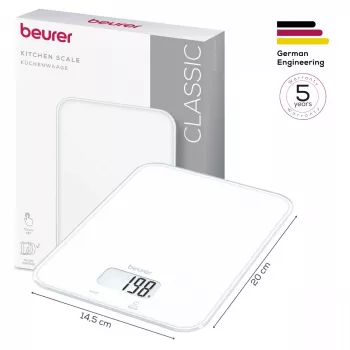 Beurer KS 19 Pure White skaitmeninės virtuvinės svarstyklės su sensoriniais mygtukais, 5 kg, 1 g, taros funkcija, LCD ekranu