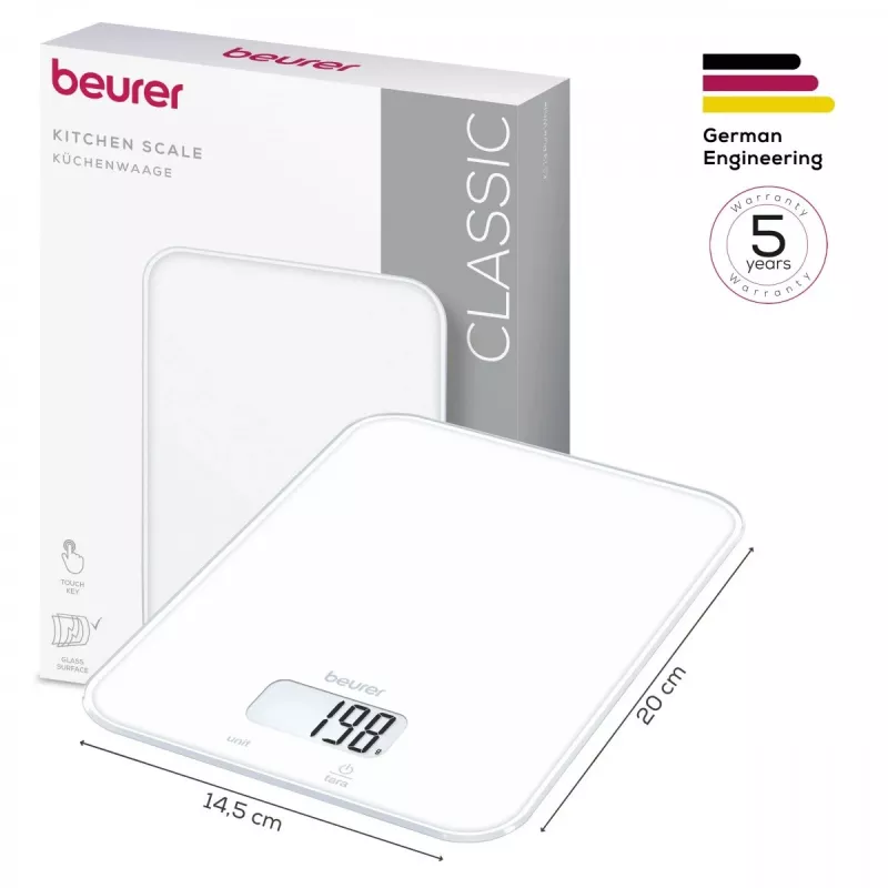 Beurer KS 19 Pure White skaitmeninės virtuvinės svarstyklės su sensoriniais mygtukais, 5 kg, 1 g, taros funkcija, LCD ekranu