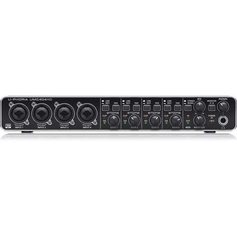 Behringer UMC404HD USB garso sąsaja 4x4 24 bitų / 192 kHz su MIDAS išankstiniais stiprintuvais