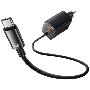 USAMS JC Series CC266 65W GaN Fast Charger su įmontuotu USB-C laidu, juoda