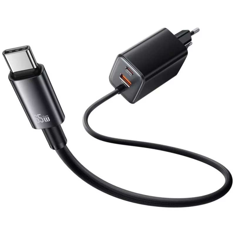 USAMS JC Series CC266 65W GaN Fast Charger su įmontuotu USB-C laidu, juoda