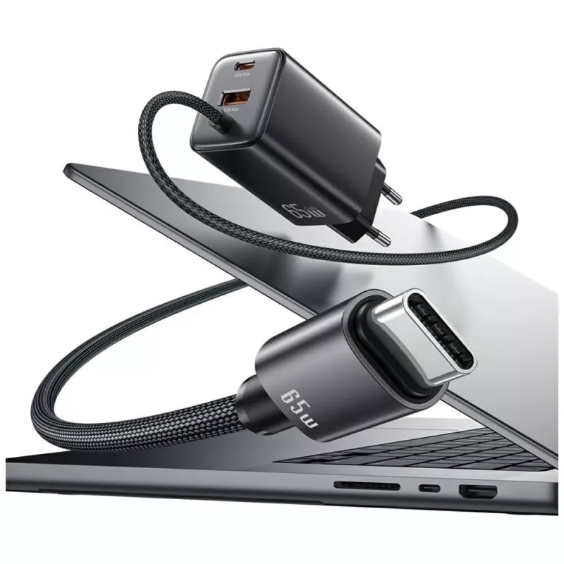 USAMS JC Series CC266 65W GaN Fast Charger su įmontuotu USB-C laidu, juoda