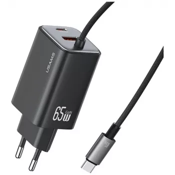 USAMS JC Series CC266 65W GaN Fast Charger su įmontuotu USB-C laidu, juoda