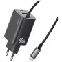 USAMS JC Series CC266 65W GaN Fast Charger su įmontuotu USB-C laidu, juoda