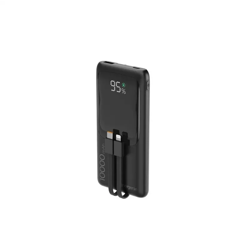 Gembird PB10-PD20-LCD-01 nešiojamas greitojo įkrovimo powerbank su integruotais kabeliais, 20W, 10000 mAh, juodas