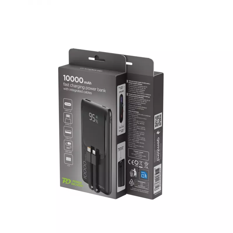 Gembird PB10-PD20-LCD-01 nešiojamas greitojo įkrovimo powerbank su integruotais kabeliais, 20W, 10000 mAh, juodas