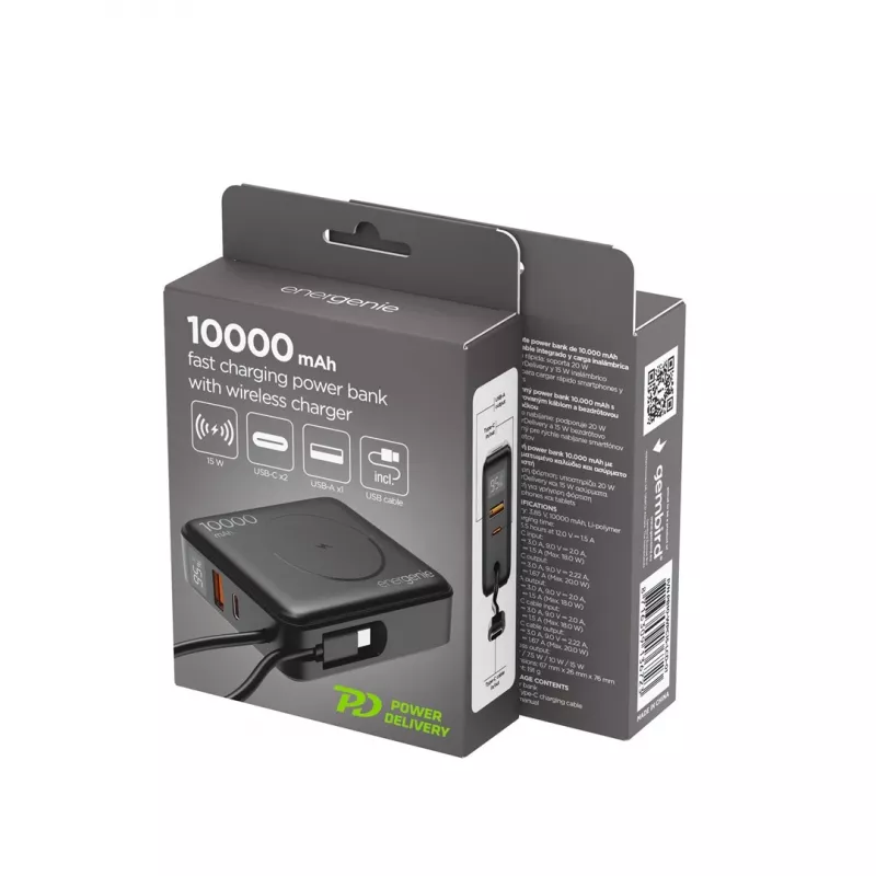 Gembird PB10-WPC15-LCD-01 greitojo įkrovimo powerbankas su belaidžiu įkrovikliu, 20 W, 10000 mAh, juodas