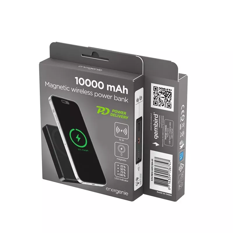 Gembird PB10-WPC15M-01 belaidis magnetinis powerbankas 15W, 10000 mAh, juodas