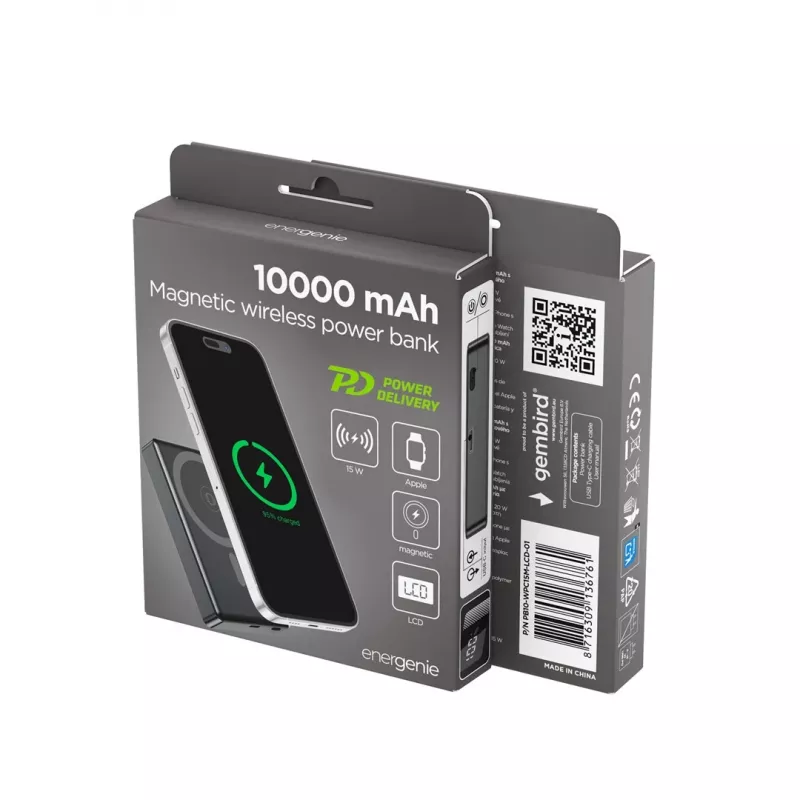 Gembird PB10-WPC15M-LCD-01 Magnetinis belaidis power bank su LCD, 15 W, 10000 mAh, juodas