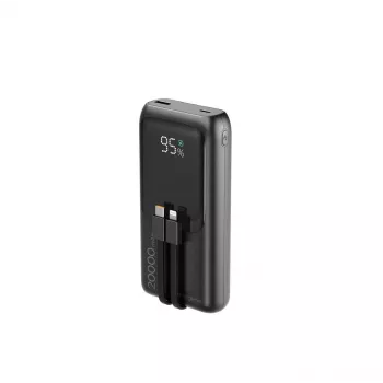 Gembird PB20-PD20-LCD-01 greito įkrovimo power bank su integruotais kabeliais, 20W, 20000 mAh, juodas