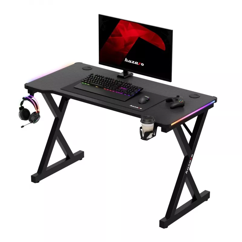 HUZARO Hero 2.3 RGB Gaming Desk – 1200x600mm, juoda, Carbon Flex, RGB LED, fiksuotas aukštis