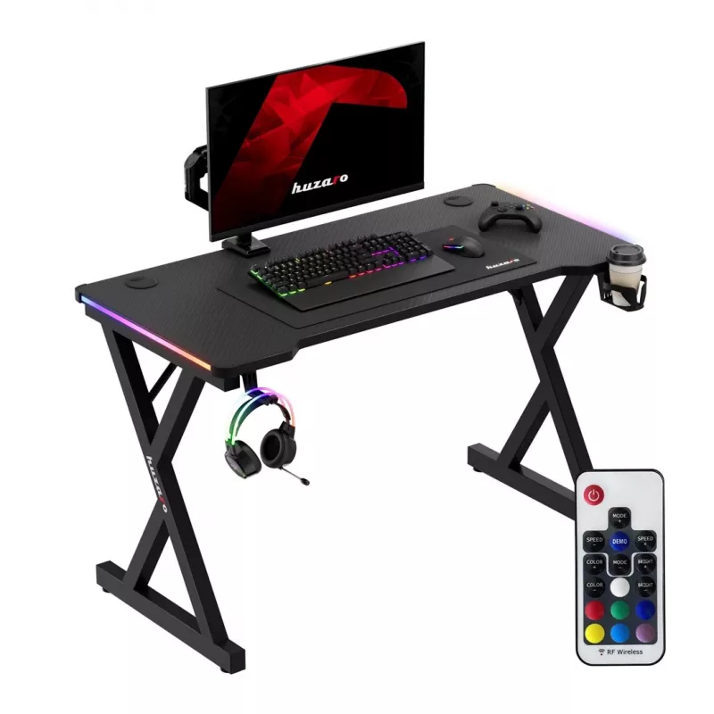 HUZARO Hero 2.3 RGB Gaming Desk – 1200x600mm, juoda, Carbon Flex, RGB LED, fiksuotas aukštis