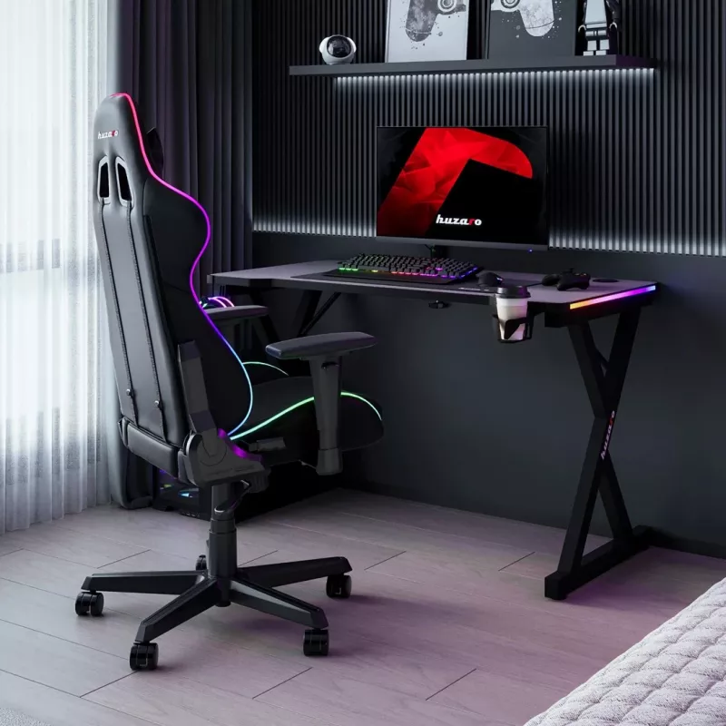 HUZARO Hero 2.3 RGB Gaming Desk – 1200x600mm, juoda, Carbon Flex, RGB LED, fiksuotas aukštis