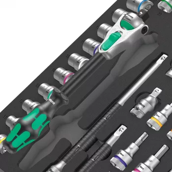 Wera 9722 C Zyklop 1/2 colio reples ir antgalių rinkinys, 31 dalis, su putplasčio įdėklu dirbtuvių vežimėliui, juodas/pilkas