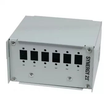 Synergy21 Sieninis šviesolaidinis pataisų skydelis DIN bėgiui, 6x LC-Duplex/SC-Simplex adapteriams, be movų, šviesiai pilkas (RAL 7035)