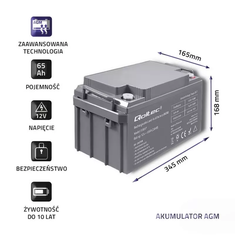 Qoltec 53037 AGM baterija 12V 65Ah max 780A