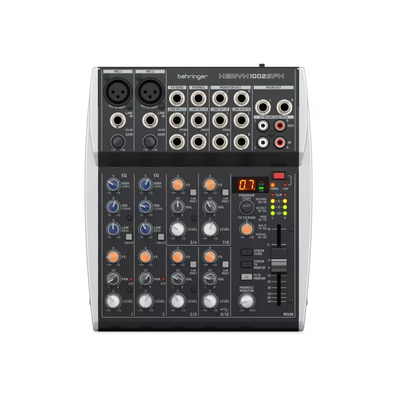 Behringer XENYX 1002SFX Audio Mixer su 10 įėjimų, 2 XENYX mikrofono išankstiniais stiprintuvais, 3 juostų ekvalaizeriu, KLARK TEKNIK efektų procesoriumi, 100 išankstinių nustatymų