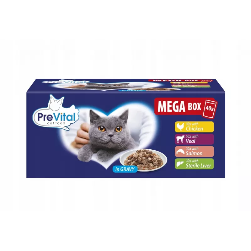 PREVITAL Mega Box Veal, Salmon, Liver, Chicken - šlapias ėdalas katėms 40x100g