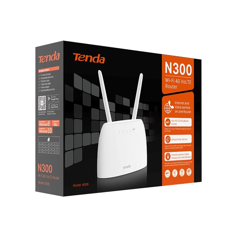 Tenda N300 belaidis maršrutizatorius su 4G LTE modemu (2,4 GHz, balta spalva)