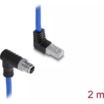 Delock M12 kabelis X-koduotas 8 kontaktų vyriškas žemyn kampu į RJ45 vyrišką aukštyn kampu S/FTP ekranuotas 2 m mėlynas (81012)