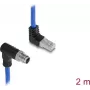 Delock M12 kabelis X-koduotas 8 kontaktų vyriškas žemyn kampu į RJ45 vyrišką aukštyn kampu S/FTP ekranuotas 2 m mėlynas (81012)