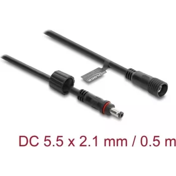 Delock DC prailginimo laidas 5.5 x 2,1 mm kištukas į lizdą su M12 x 1,75 mm srieginiu fiksatoriumi, vandeniui atsparus, 18 AWG, 0,5 m, juodas