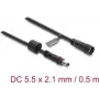 Delock DC prailginimo laidas 5.5 x 2.1 mm kištukas į lizdą su M12 x 1.75 mm srieginiu fiksatoriumi, vandeniui atsparus, 18 AWG, 0,5 m, juodas