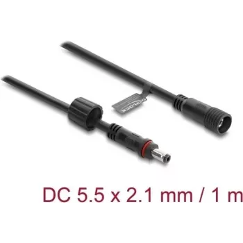 Delock DC prailginimo kabelis 5.5 x 2,1 mm kištukas į lizdą su sraigtiniu fiksatoriumi M12 x 1,75 mm sriegis, vandeniui atsparus, 18 AWG, 1 m, juodas