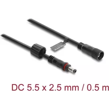 Delock DC prailginimo kabelis 5.5 x 2.5 mm vyriška–moteriška su sraigtiniu fiksatoriumi M12 x 1.75 mm, vandeniui atsparus, 18 AWG, 0,5 m, juodas (67385)