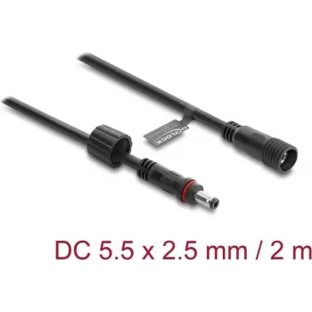 Delock DC prailginimo kabelis 5.5 x 2.5 mm kištukas į lizdą su M12 x 1.75 mm srieginiu fiksatoriumi, vandeniui atsparus, 18 AWG, 2 m, juodas