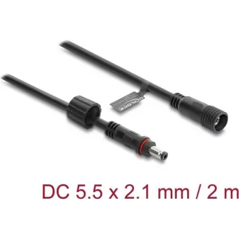 Delock DC prailginimo kabelis 5,5 x 2,1 mm kištukas į lizdą su srieginiu fiksatoriumi M12 x 1,75 mm, vandeniui atsparus, 18 AWG, 2 m, juodas (67384)