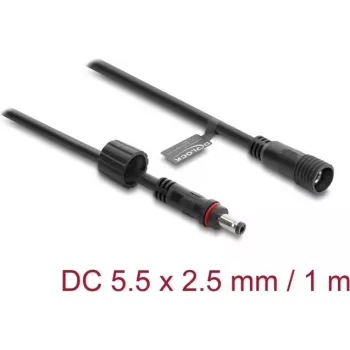 Delock DC prailginimo kabelis 5,5 x 2,5 mm kištukas į lizdą su sraigtiniu fiksatoriumi M12 x 1,75 mm, vandeniui atsparus, 18 AWG, 1 m, juodas (67386)