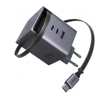 UGREEN X616 GaN įkroviklis 100W 2x USB-C 1x USB-A 1x ištraukiamas USB-C kabelis (65828)