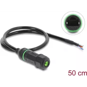 Delock RJ45 Female to Open Cable Ends Cat.6 Panel Mount Cable with M16.8 x 1.5 mm Thread and Housing 50 cm Black (87181)