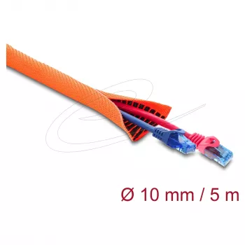 Delock apsauginė kabelių mova su juodu susidėvėjimo indikatoriumi, savaime užsidaranti, dviejų sluoksnių, 5 m x 10 mm, oranžinė