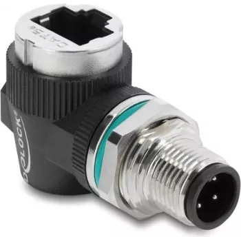 Delock M12 Adapter D-coded 4 Pin Male to RJ45 Female Panel Mount Round 90° Angled (90664)