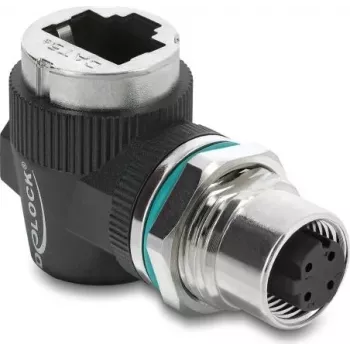 Delock M12 Adapter D-coded 4 Pin Female to RJ45 Female Panel Mount 90° Angled (90665)