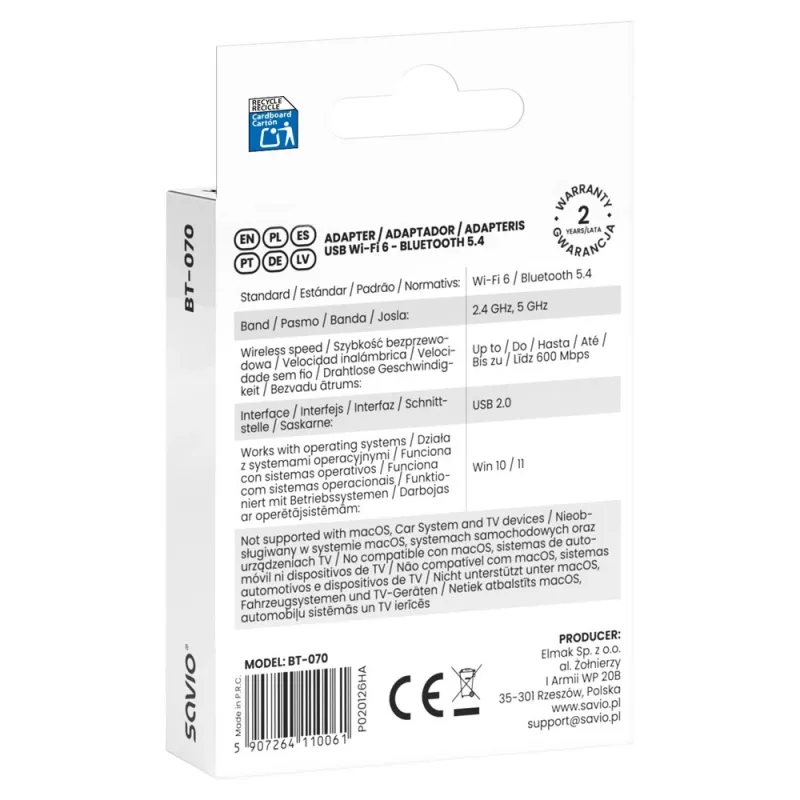 Savio BT-070 USB Wi-Fi 6 ir Bluetooth 5.4 adapteris