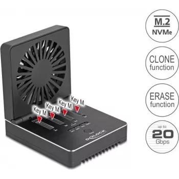 Delock USB 20 Gbps M.2 Docking Station for 4 x M.2 NVMe PCIe SSD su klonavimo ir trynimo funkcija